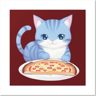 Cute Cat Holding a Pizza Posters and Art